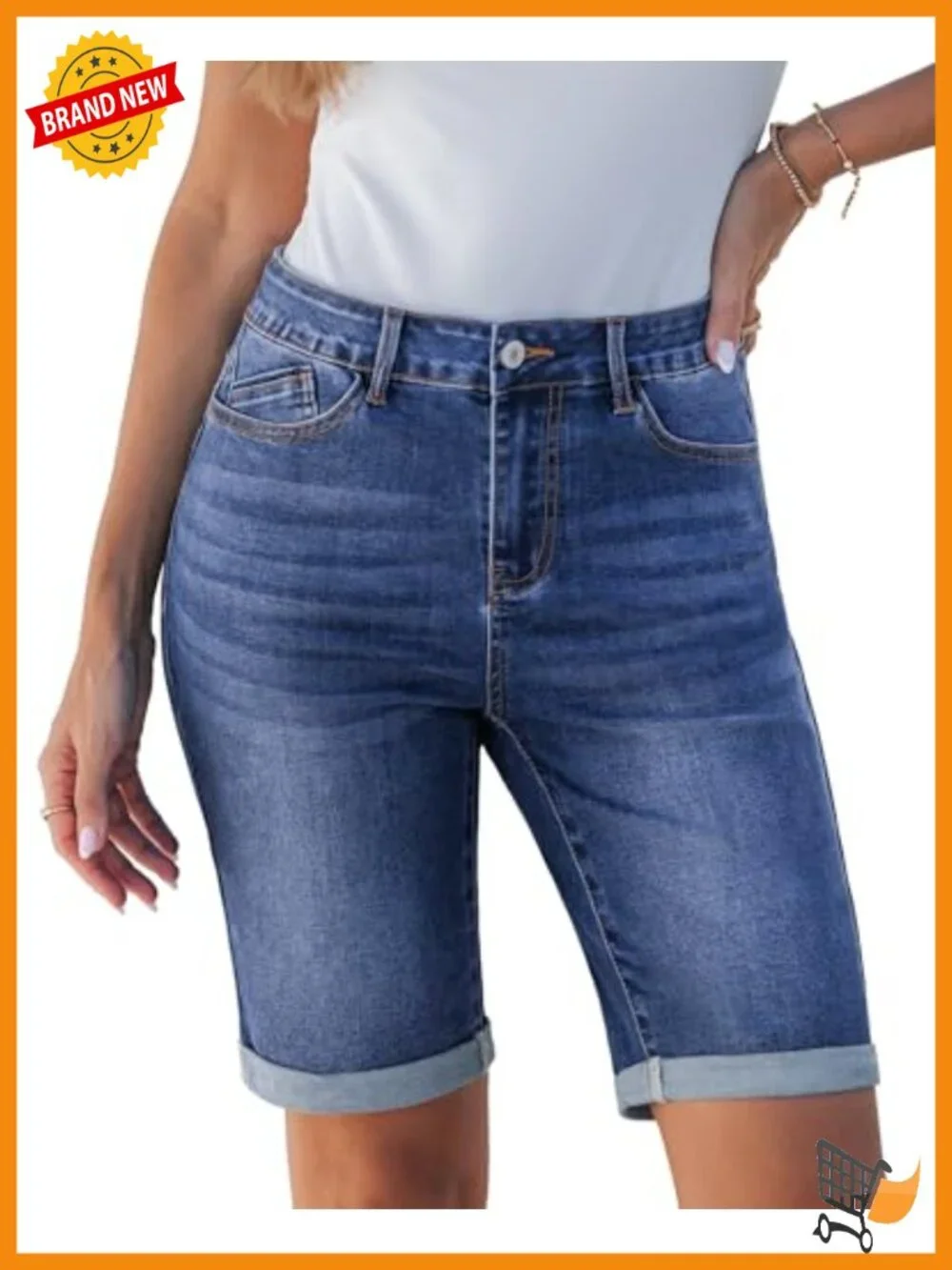Bermuda Jean Shorts High Waisted Cuffed Hem Long Denim Stretchy Jorts
